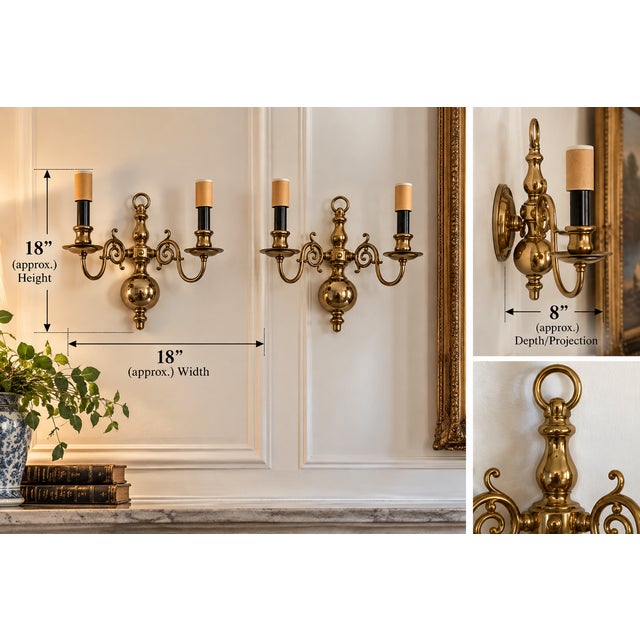 English Vintage Brass Two-Arm Wall Sconces – Pair For Sale - Image 3 of 3