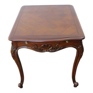 French Carved Parquet Inlay Side End Accent Table With Pullout Tray For Sale