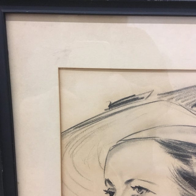 Antique 1937 portrait in graphite. Signed, framed. Stylized sketch.