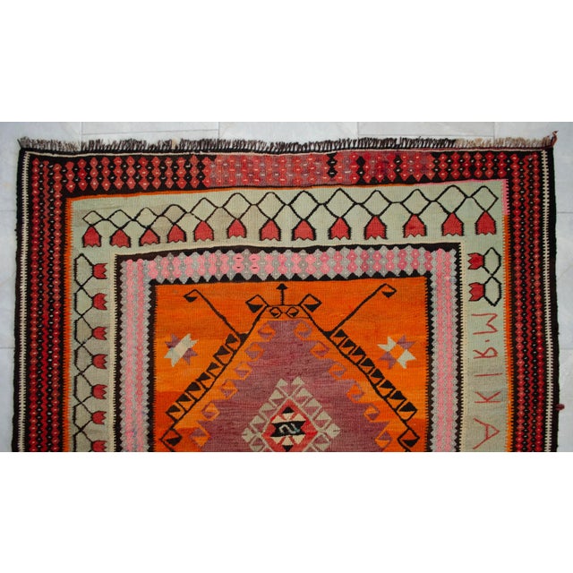 Authentic Turkish Kilim, Vintage Orange Hallway Runner, Tribal Rug, Handwoven Wool Tapestry, Mid Century Modern Floor Decor - 5′3″ X 11′5″ For Sale - Image 10 of 14
