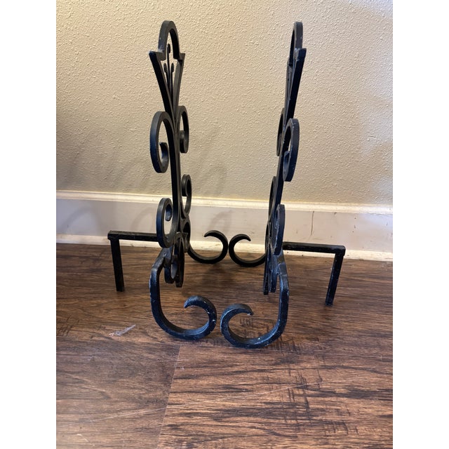 Pair of Vintage Wrought Iron Fleur-De-Lis Fireplace Andirons For Sale - Image 4 of 5