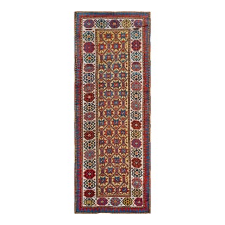 1890s Yellow Geometric Rustic Antique Caucasian Moghan Rug 3'2" X 8'10" Handknotted Wool Carpet For Sale