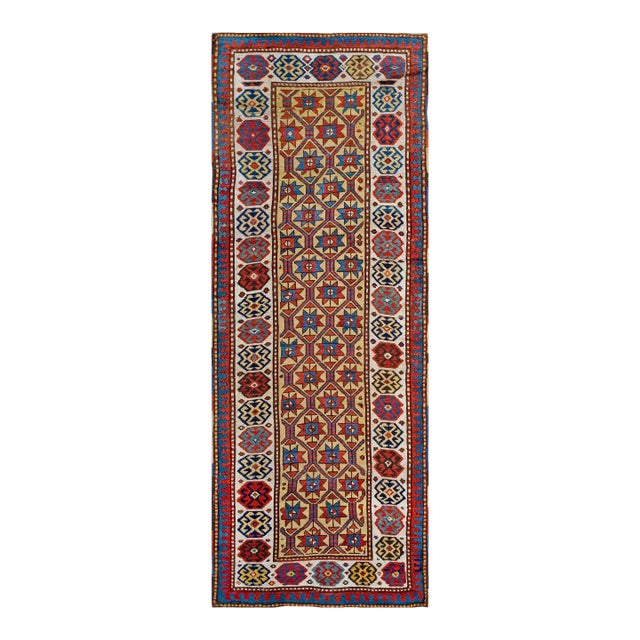 1890s Yellow Geometric Rustic Antique Caucasian Moghan Rug 3'2" X 8'10" Handknotted Wool Carpet For Sale