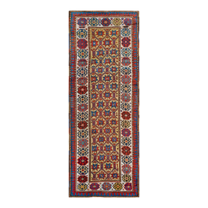 1890s Yellow Geometric Rustic Antique Caucasian Moghan Rug 3'2" X 8'10" Handknotted Wool Carpet