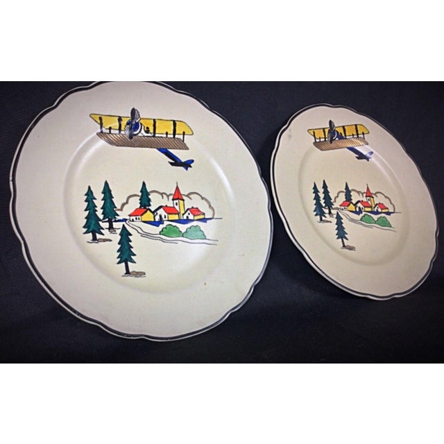 Pair of Antique Hand-Painted Longwy Plates - "Vacance" Design, France For Sale - Image 4 of 6