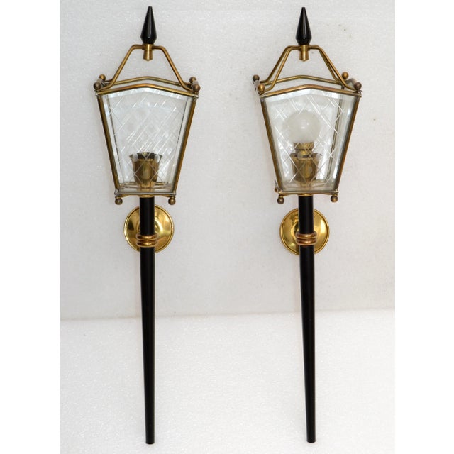 Mid-Century Modern Jacques Adnet Style Sconces Lantern Wall Lamps French Mid-Century Modern - Pair For Sale - Image 3 of 13