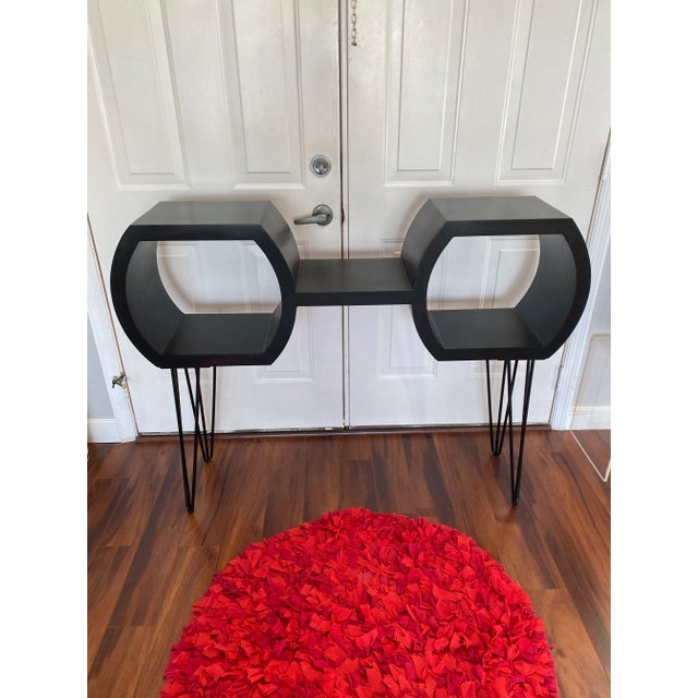 Custom made, mid century style faux wood, (painted Black with some slight red marbling) side board/credenza with Hairpin...