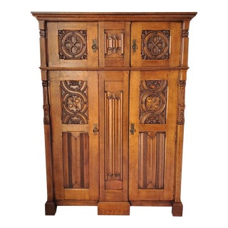 Antique Oak Gothic Renaissance Spanish Revival Carved Wardrobe Hardware Circa 1900's For Sale