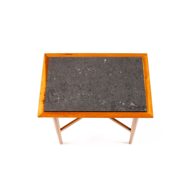 Mid Century Vintage Side / End Tables — Designed attributed to Milo Baughman - Manufactured by Fine Art Furniture Co— Cherry Frame + Slate — Pair For Sale - Image 10 of 10