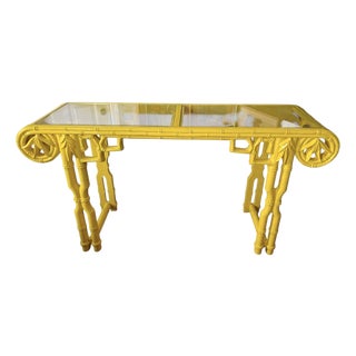 1970s Yellow Lacquer Ornate Pagoda Console For Sale