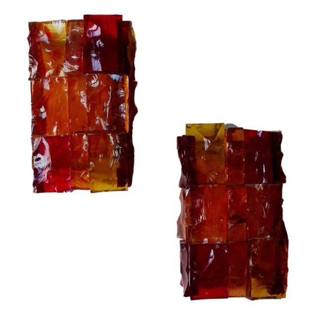 French Brutalist Handmade Stained Glass Wall Lights by Jean-Simon Labret, 1970s, Set of 2 For Sale