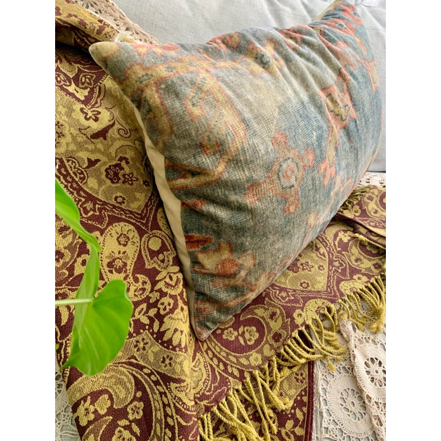 Moroccan Pottery Barn Lumbar Decorative Pillow Velvet Printed 16” X 26” Reversible to Solid Natural Moroccan Style For Sale - Image 3 of 12