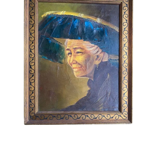 1950s 1950 Vintage Chinese Oil Painting on Board Portrait of a Woman in a Hat, Signed Tom Wong For Sale - Image 5 of 9