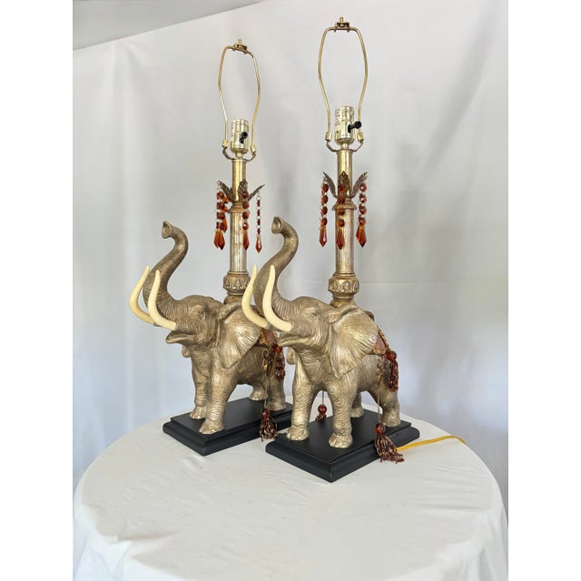 Glass Pair of Vintage Elephant Table Lamps With Original Pagoda Shades - Attributed to Mark Roberts For Sale - Image 7 of 8