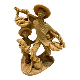 Vintage Chinese Carved Soapstone Fisherman & Boy Fish Basket Sculpture 7" For Sale