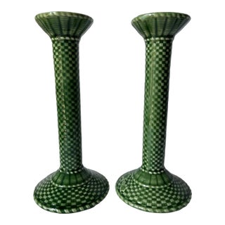 Vintage Bordallo Pinheiro Majolica Candlesticks-a Pair For Sale