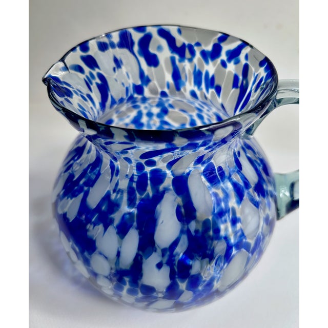 Vintage Hand Blown Blue & White Spatter Handled Glass Pitcher For Sale - Image 11 of 16