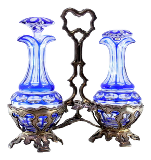 Cruet with Silver Structure Cut with Two Cruets in Cut Glass, Set of 3