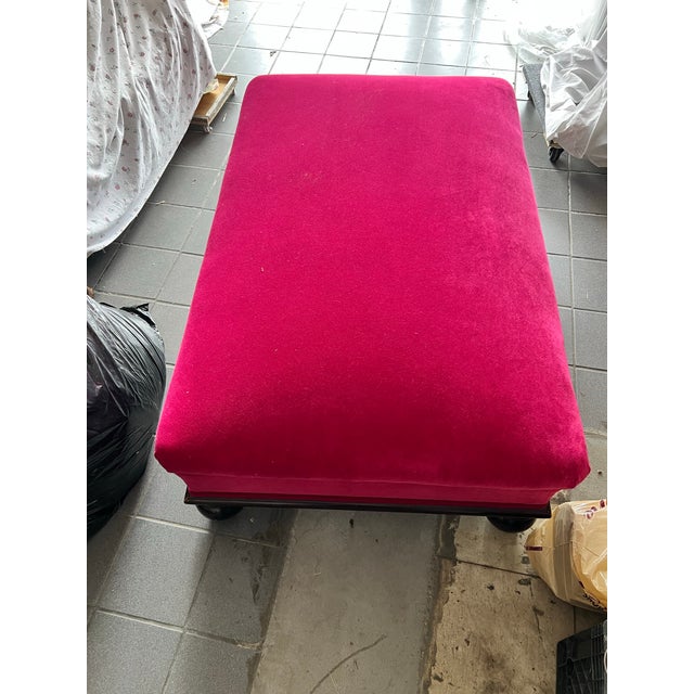 Custom Fuchsia Pink Velvet Cocktail Ottoman With Dark Wood Base & Bun Feet For Sale - Image 4 of 11