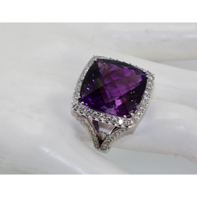 Modern 1980s Amethyst Ring 25 Carats with Diamond Border Size 7.5 For Sale - Image 3 of 8