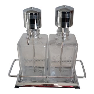 Mid Century Hollywood Regency Cambridge Glass Etched Scotch & Bourbon Liquor Pump Decanters With Chrome Dispenser Caddy Tray - 3 Pieces For Sale