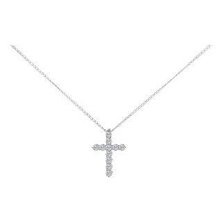14K White Gold 1/2 Cttw Lab Grown Diamond 11 Stone Cross Pendant Necklace For Sale