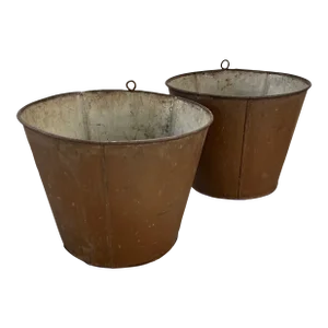 Antique 19th Century Brown Paint Decorated Tole Sap Buckets or Flower Pots - a Pair