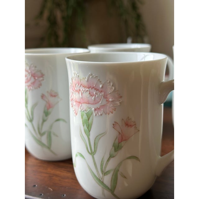 1980s 1980s Vintage Japanese Otagiri Porcelain Pink Carnation Mugs - Set of 5 For Sale - Image 5 of 6