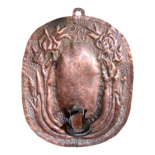 Embossed or Hammered Copper Wall Candleholder With Irises For Sale