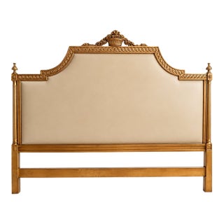 Italian Neoclassical Louis XVI Style Carved Gold Leaf & Off-White Leather Headboard For Sale