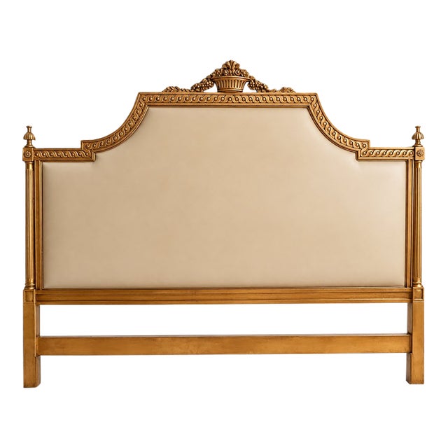 Italian Neoclassical Louis XVI Style Carved Gold Leaf & Off-White Leather Headboard For Sale