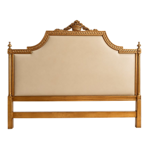 Italian Neoclassical Louis XVI Style Carved Gold Leaf & Off-White Leather Headboard
