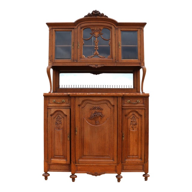 French Provincial Carved Oak Buffet/Hutch For Sale