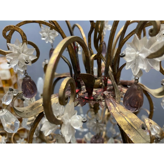 Large Florentine Tole Chandelier with Murano Glass Flowers, Italy, 1950s For Sale - Image 11 of 18