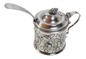 Beautifully Hand Made Mid 1800s Antique American Solid Coin Silver Mustard Pot & Spoon Set
