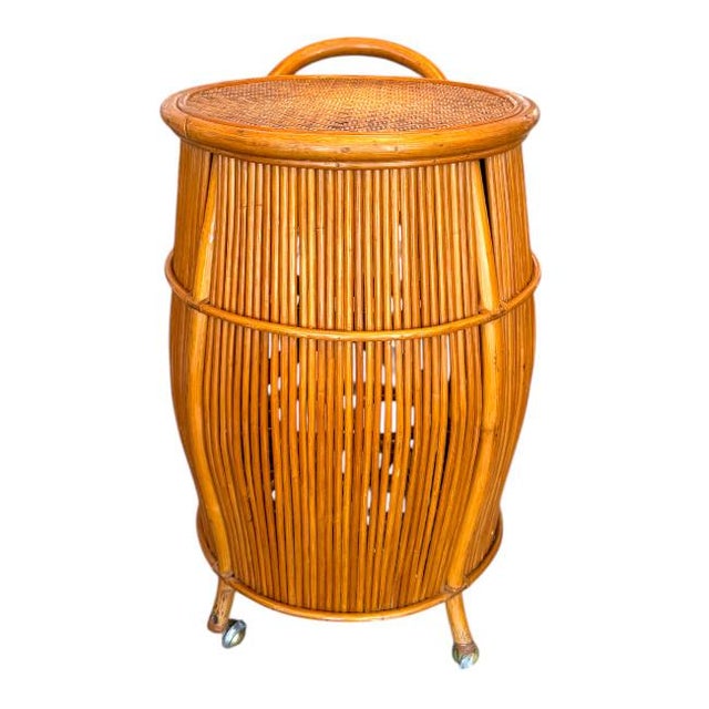 Italian Mid Century Rattan & Bamboo Barrel Bar Cart For Sale - Image 9 of 11