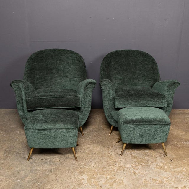 Vintage Italian Green Fabric Armchairs and Ottomans, 1950, Set of 4 For Sale - Image 3 of 18