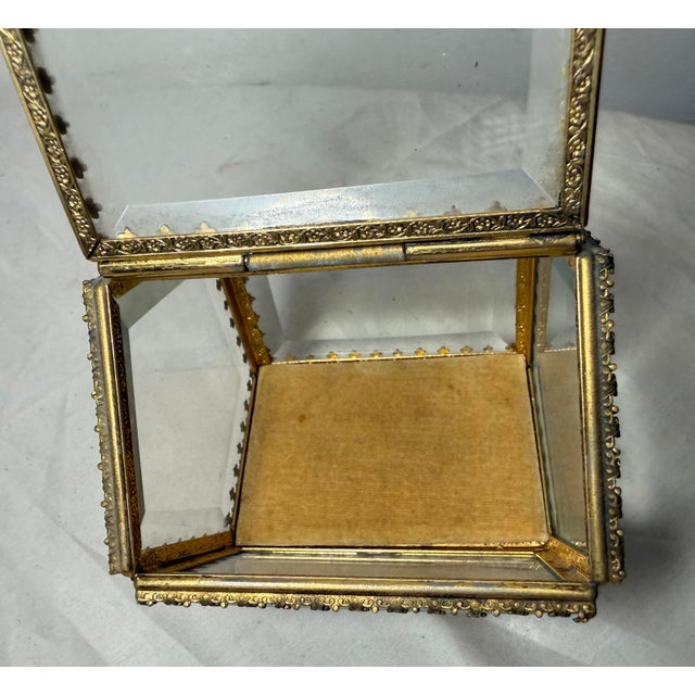 Antique Gold Gilded Brass Beveled Glass Velour Jewelry Casket Jar Box Display For Sale - Image 11 of 12