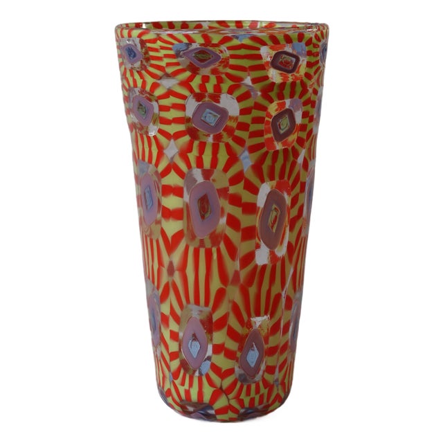Murano Murrine Glass Vase in Red, Chartreuse & Lilac For Sale