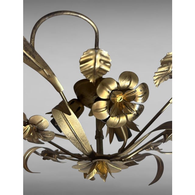 Vintage Italian Florentine Style Gilt Wrought Iron Flush Mount Ceiling Light For Sale - Image 9 of 18