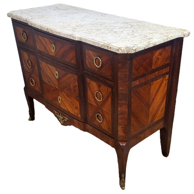 19th C French Louis XV Inlaid & Bronze Mounted Sienna Marble Top Commode Chest For Sale - Image 4 of 16