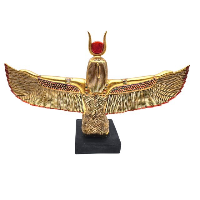 Monumental Egyptian Revival Statue of Goddess Isis With Open Wings and Gold Red Detailing – 21.5" Wide For Sale - Image 4 of 15