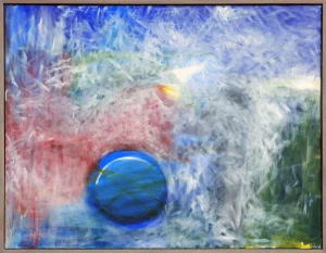 Blue, Red, and Green Abstract Expressionist Painting With Geometric Elements