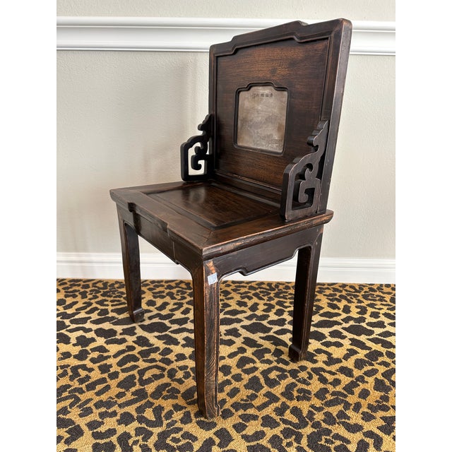 Fabulous Antique Chinoiserie Rustic Carved Hardwood Chair with Inset Stone Panel. Beautiful architectural detailing...