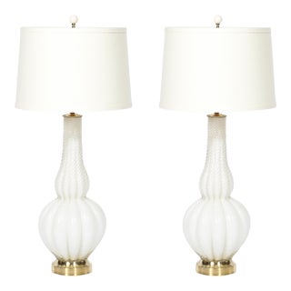 Pair of Mid-Century Modern Hand-Blown Murano Fluted Off White Glass Table Lamps For Sale