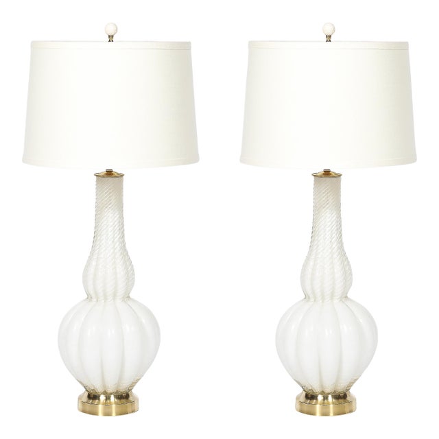 Pair of Mid-Century Modern Hand-Blown Murano Fluted Off White Glass Table Lamps For Sale