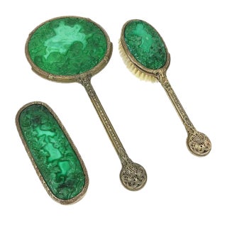 Bohemian Malachite Glass Ingrid Collection Dresser Set by Curt Schlevogt, 1930s, Set of 3 For Sale