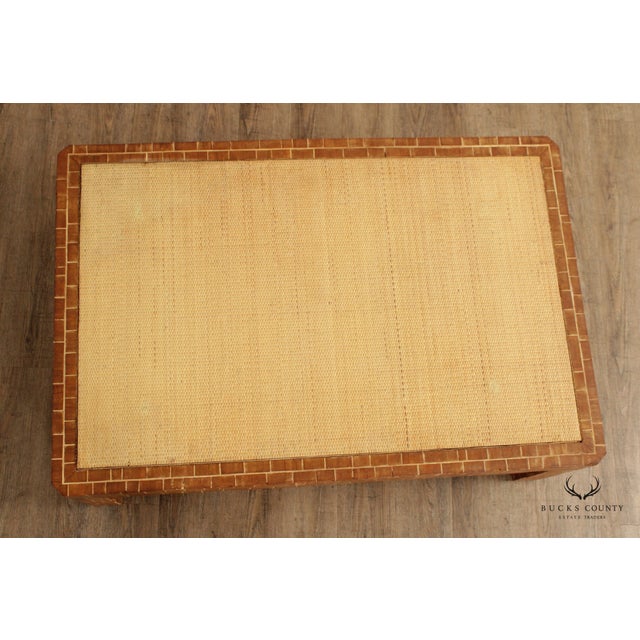 Mid Century Modern Wooden Block Carved Tile Parsons Coffee Table with Wicker Top For Sale - Image 13 of 13