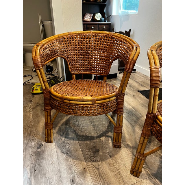 Mid-Century Modern Mid-Century Bohemian Rattan & Wicker Barrel Chairs - A Pair For Sale - Image 3 of 7