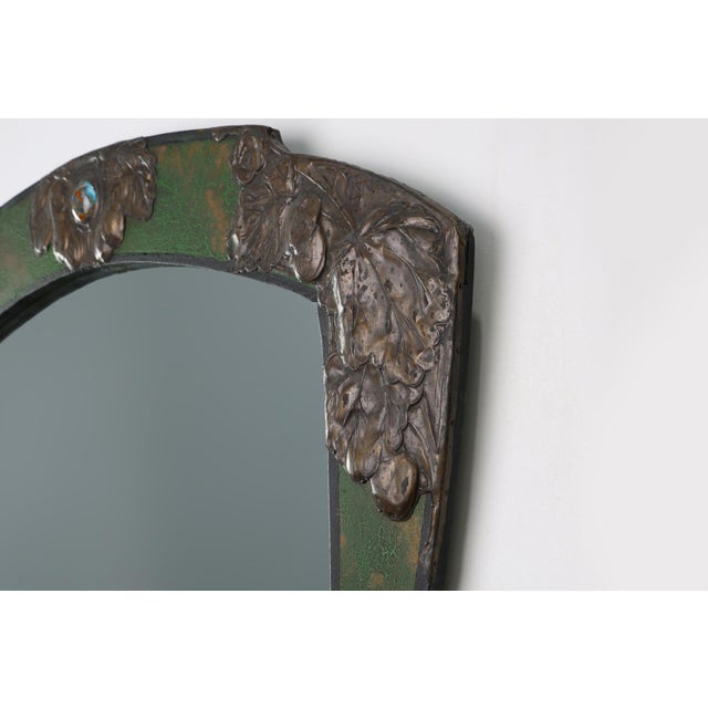 Brown Arts & Crafts Mirror in Green Metal with Glass Decoration, France, 1890s For Sale - Image 8 of 11